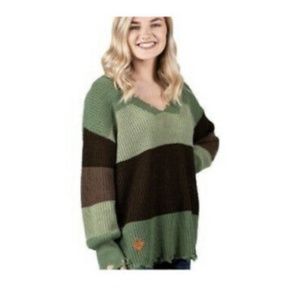 Simply Southern Collection NWT! Distressed Green/Brown V-Neck Crochet Sweater